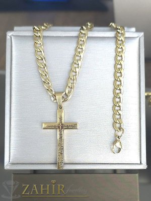 Елегантен стоманен кръст 4 на 2 см с молитва на класически стоманен ланец кубинска плетка в 4 размера, широк 0,5 см, златно покритие - ML1824